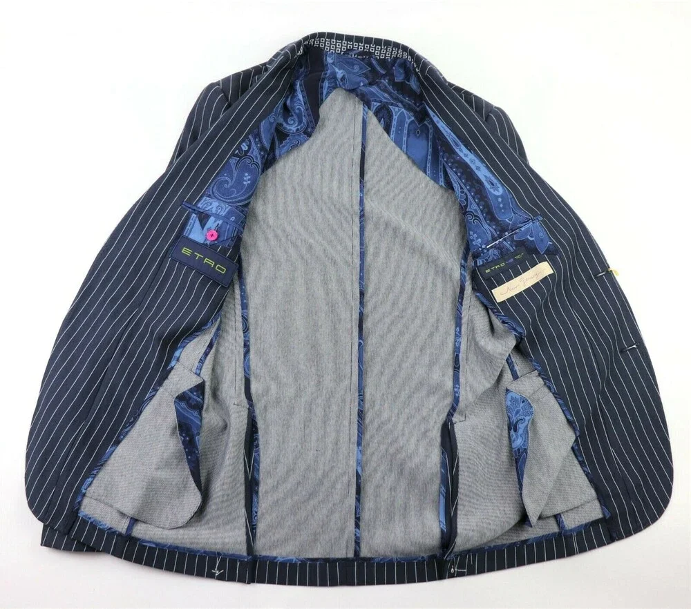 ETRO Sport Coat 38 (48 Eu) Slim Fit Navy White Stripe Silk Cotton Blazer Italy
